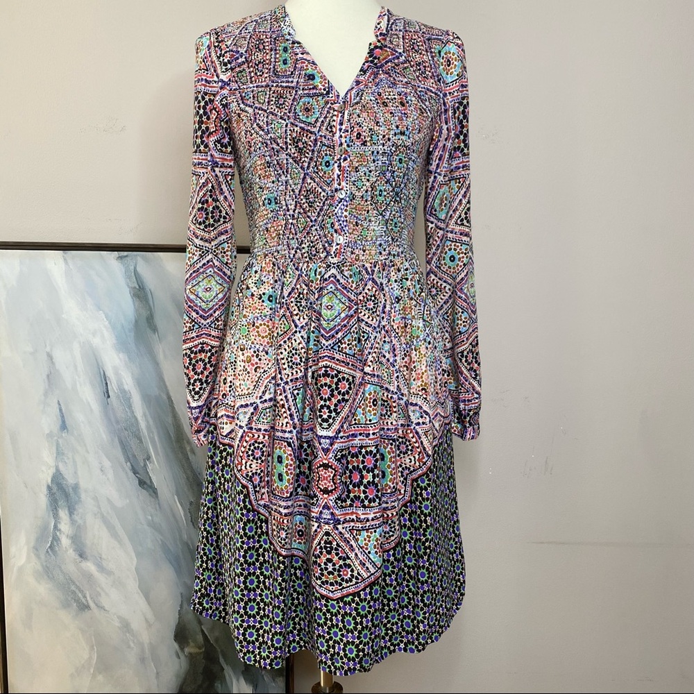 Maeve Anthro smocked bodice, Moroccan tile print dress